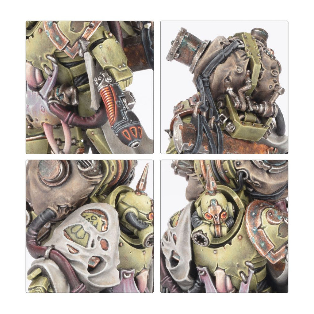 Four detailed close-ups of a grotesque, green-armored sci-fi miniature covered in rust, pipes, and organic mutations