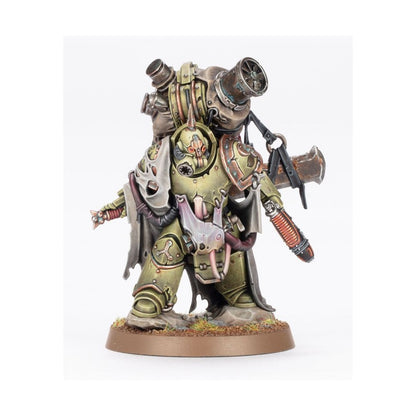 A Death Guard miniature in green, corrupted power armor, carrying a heavy backpack weapon and a cleaver