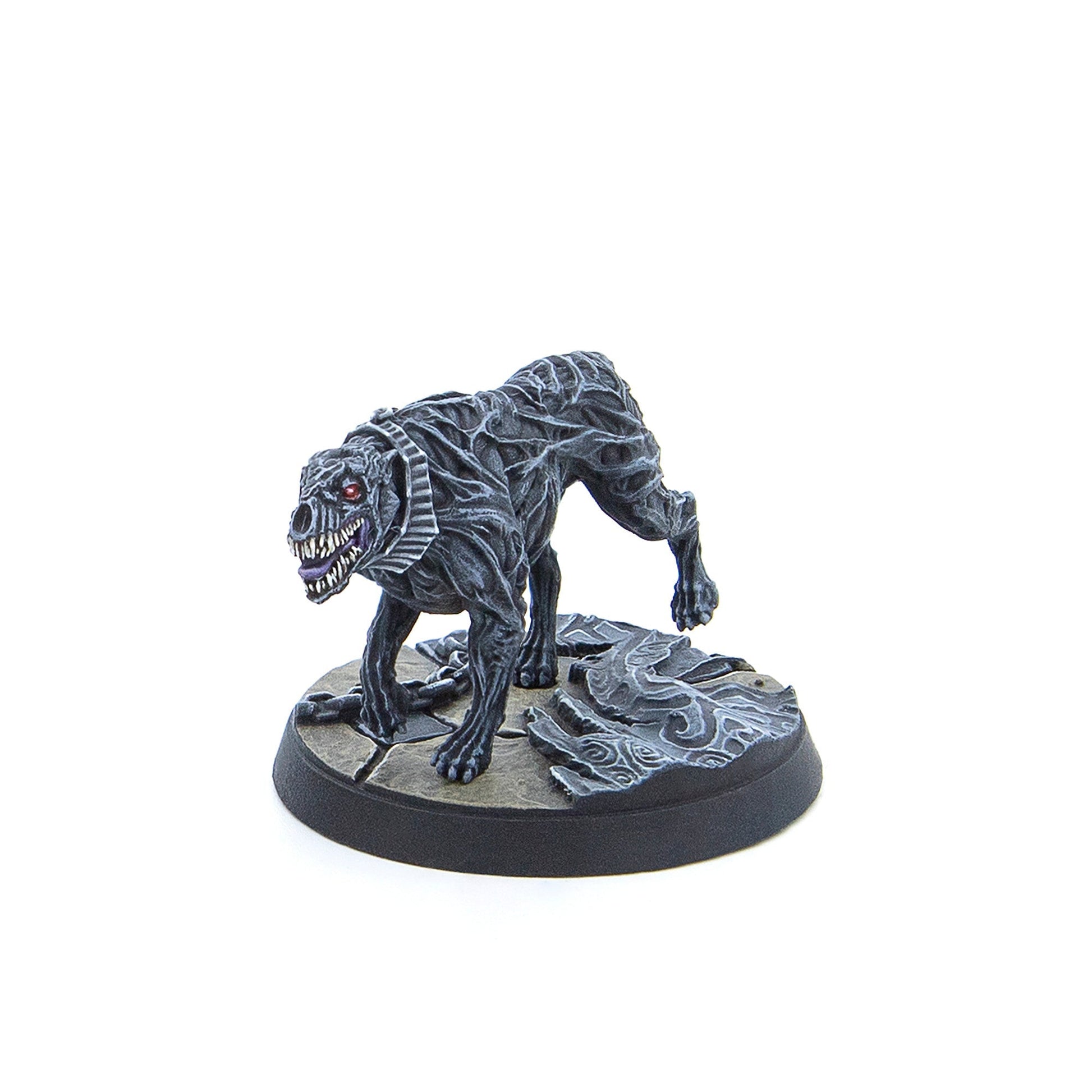 A painted miniature of a gaunt, dark grey dog-creature with red eyes, sharp teeth, and a striped collar, posed crouching on a cracked base