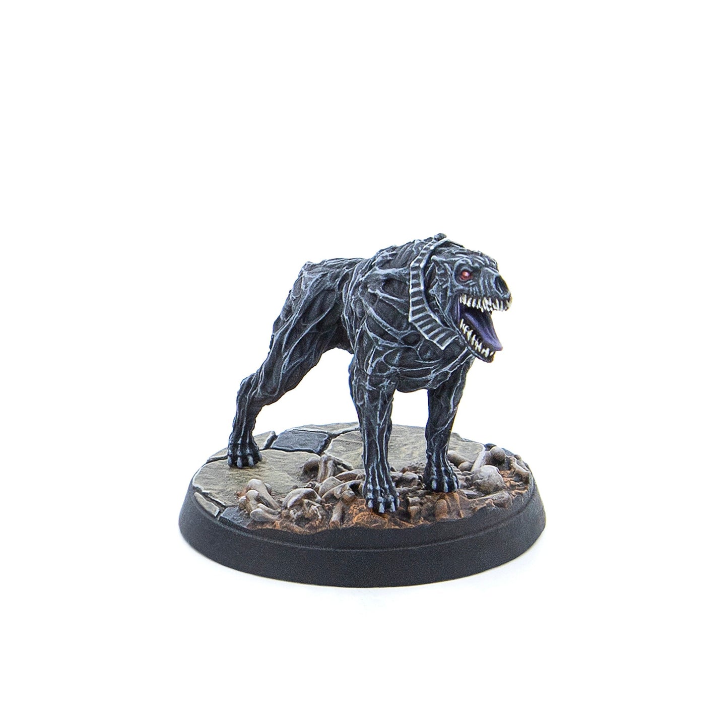 Miniature: Dark grey, emaciated dog-like monster with red eyes and a snarling open mouth, standing on a rocky base with bones