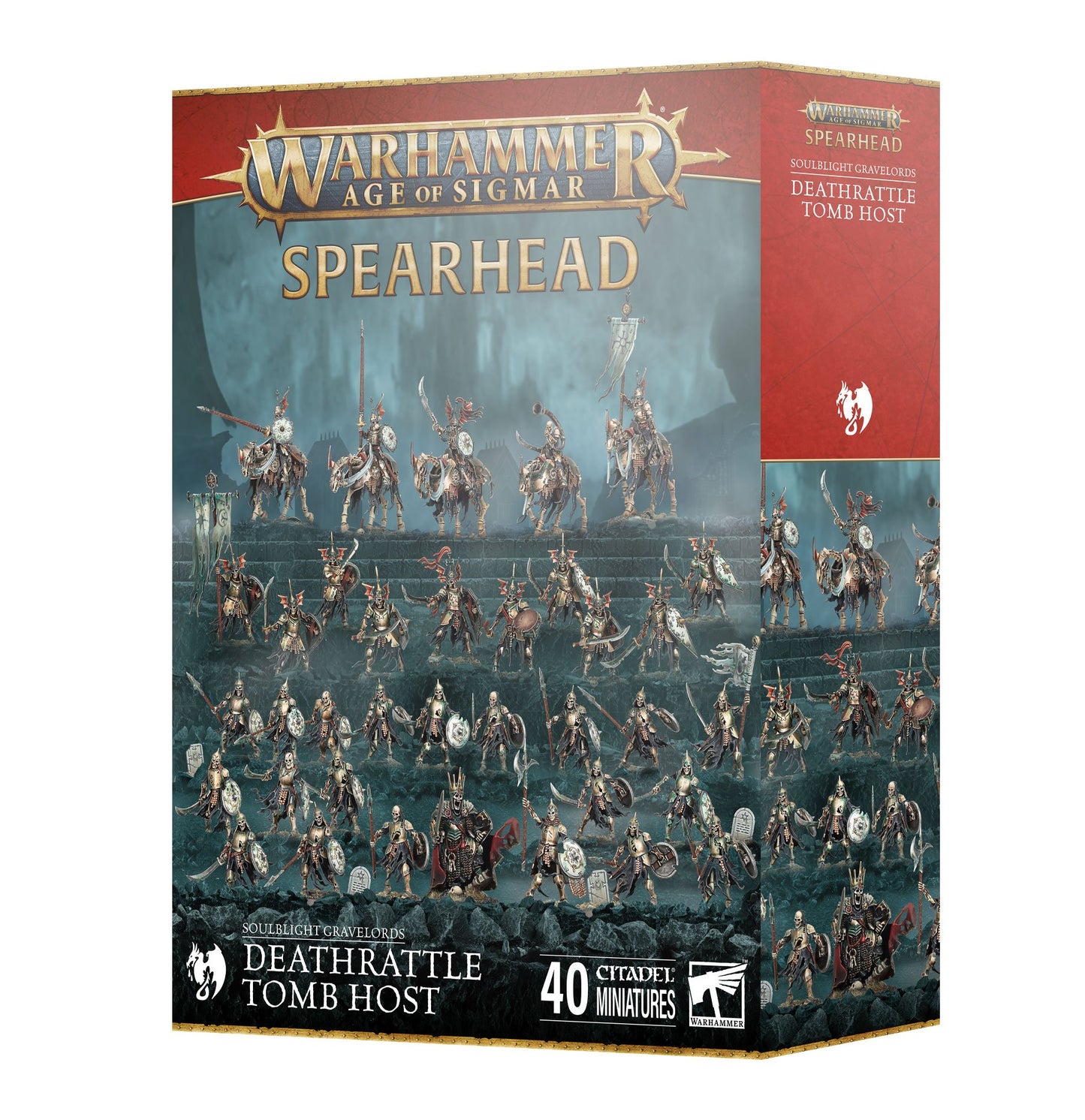 Warhammer AoS Spearhead Deathrattle Tomb Host box art showing 40 Soulblight Gravelords skeleton miniatures