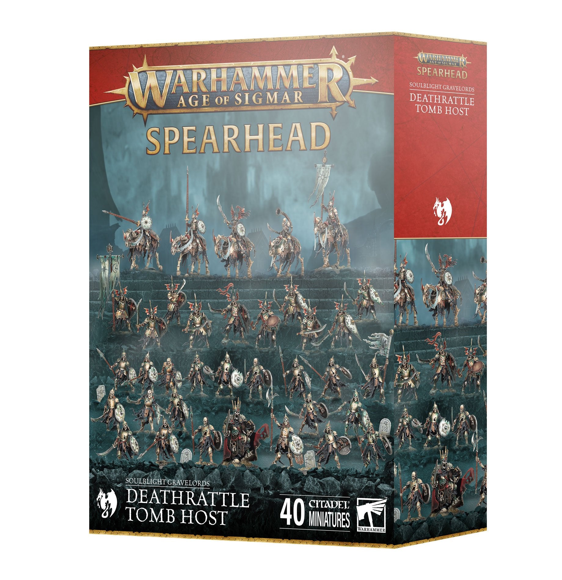 Warhammer AoS Spearhead Deathrattle Tomb Host box art showing 40 Soulblight Gravelords skeleton miniatures