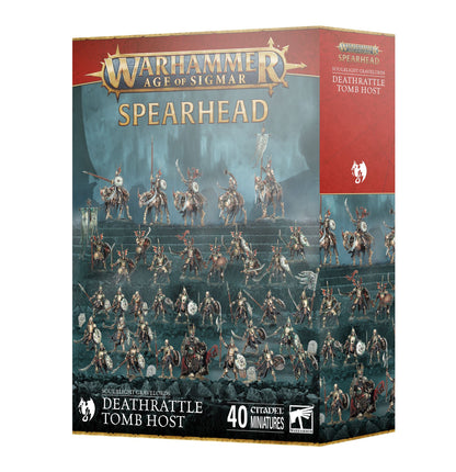 Warhammer AoS Spearhead Deathrattle Tomb Host box art showing 40 Soulblight Gravelords skeleton miniatures