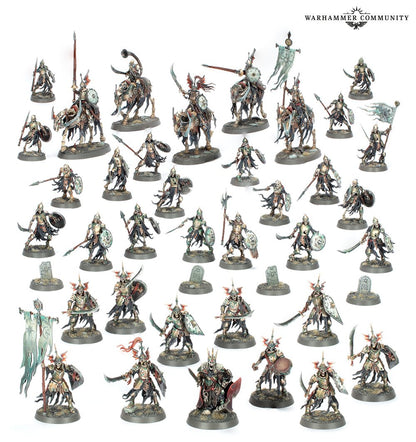 Dozens of painted Warhammer undead miniatures, including skeletal foot soldiers, cavalry, and a Wight King general