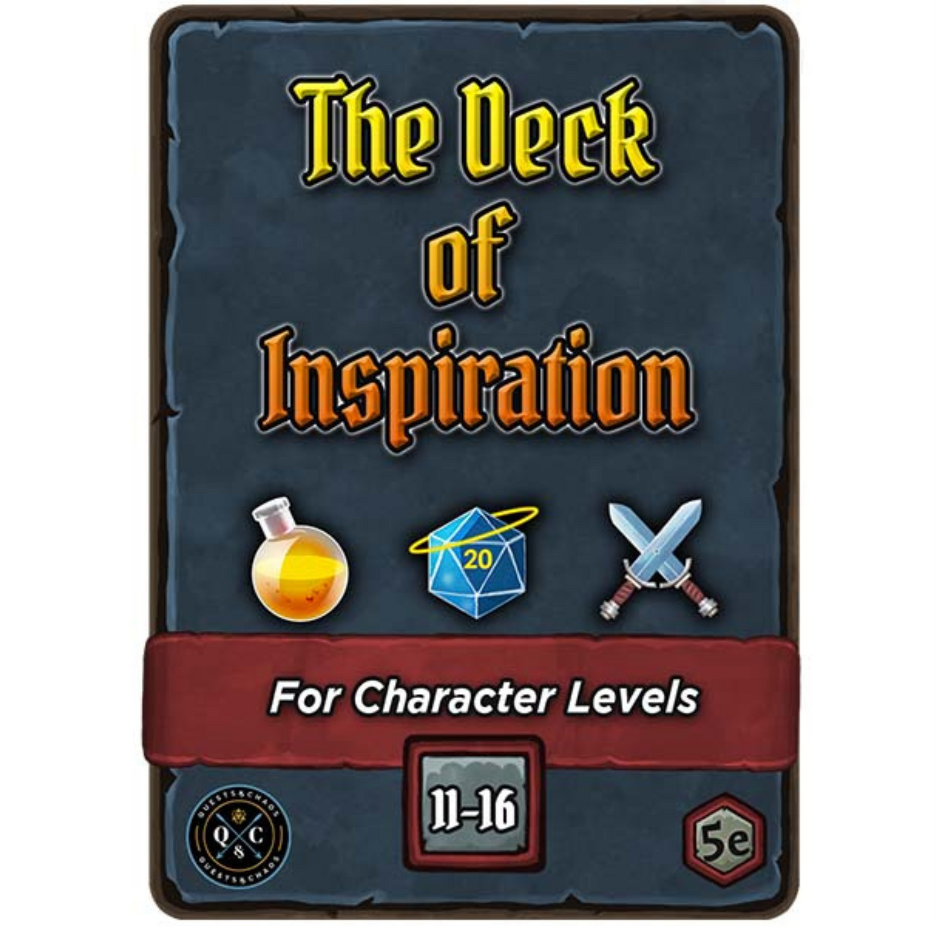 A game card titled "The Deck of Inspiration," featuring a potion, d20, and crossed swords, For 5e character levels 11-16