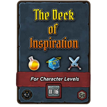 A game card titled "The Deck of Inspiration," featuring a potion, d20, and crossed swords, For 5e character levels 11-16