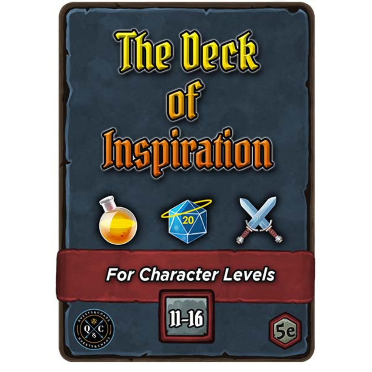 A game card titled &quot;The Deck of Inspiration,&quot; featuring a potion, d20, and crossed swords, For 5e character levels 11-16