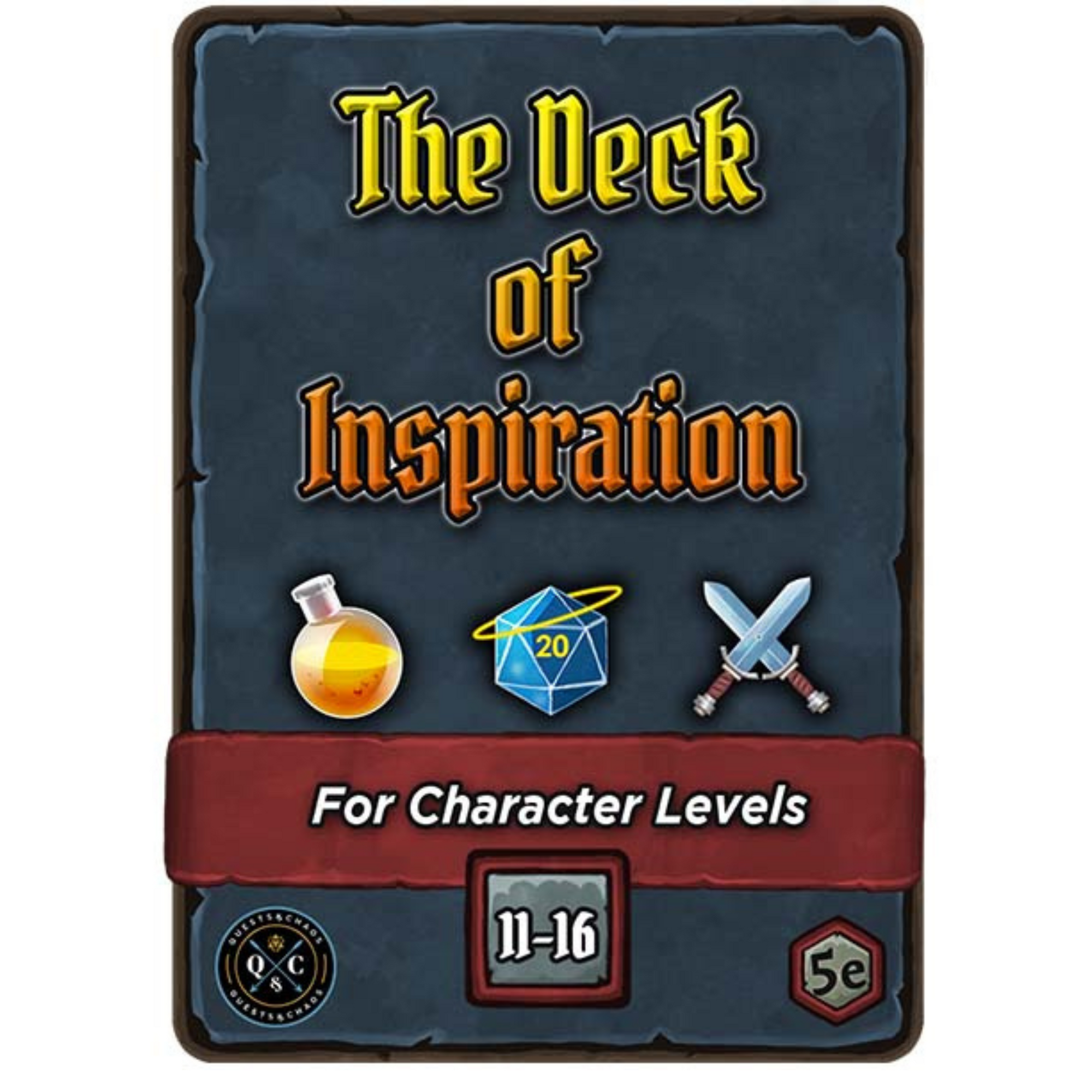 A game card titled "The Deck of Inspiration," featuring a potion, d20, and crossed swords, For 5e character levels 11-16