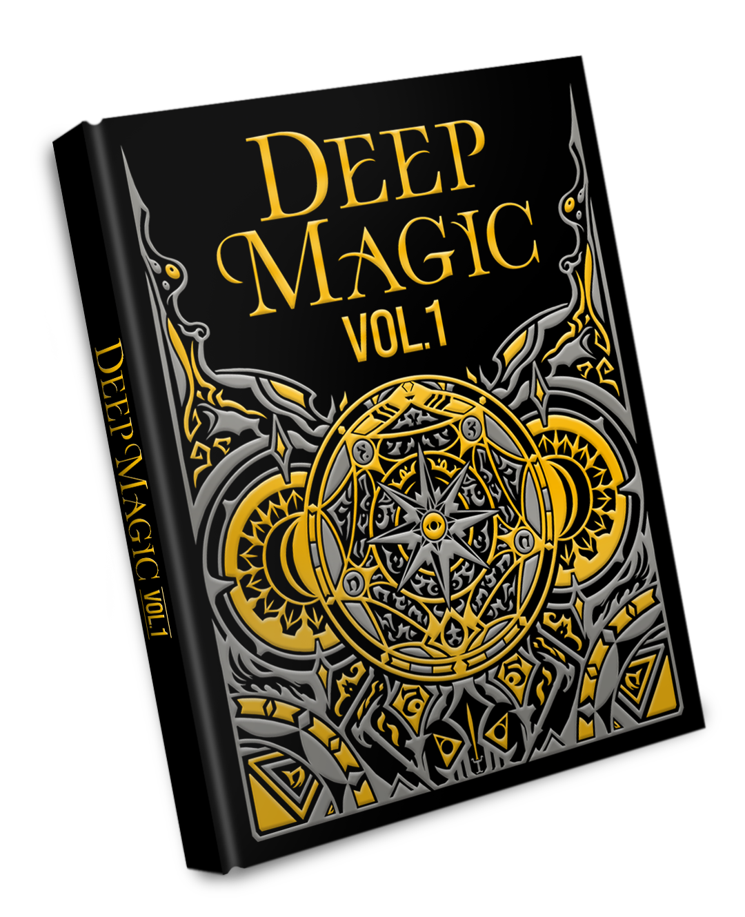 A Deep Magic Vol 1 Sourcebook with a black cover featuring an ornate gold and silver design and the title in gold
