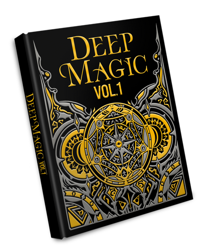 A Deep Magic Vol 1 Sourcebook with a black cover featuring an ornate gold and silver design and the title in gold