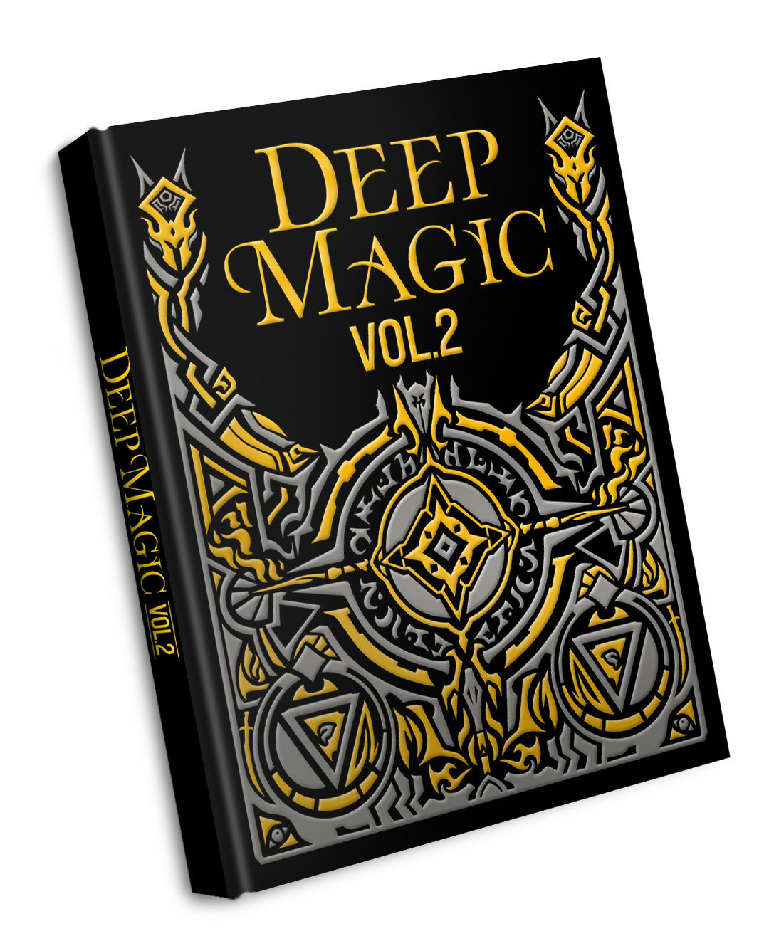 A black book titled Deep Magic Vol 2 with intricate gold and silver embossed magical symbols on its cover and spine