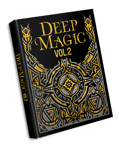 A black book titled Deep Magic Vol 2 with intricate gold and silver embossed magical symbols on its cover and spine