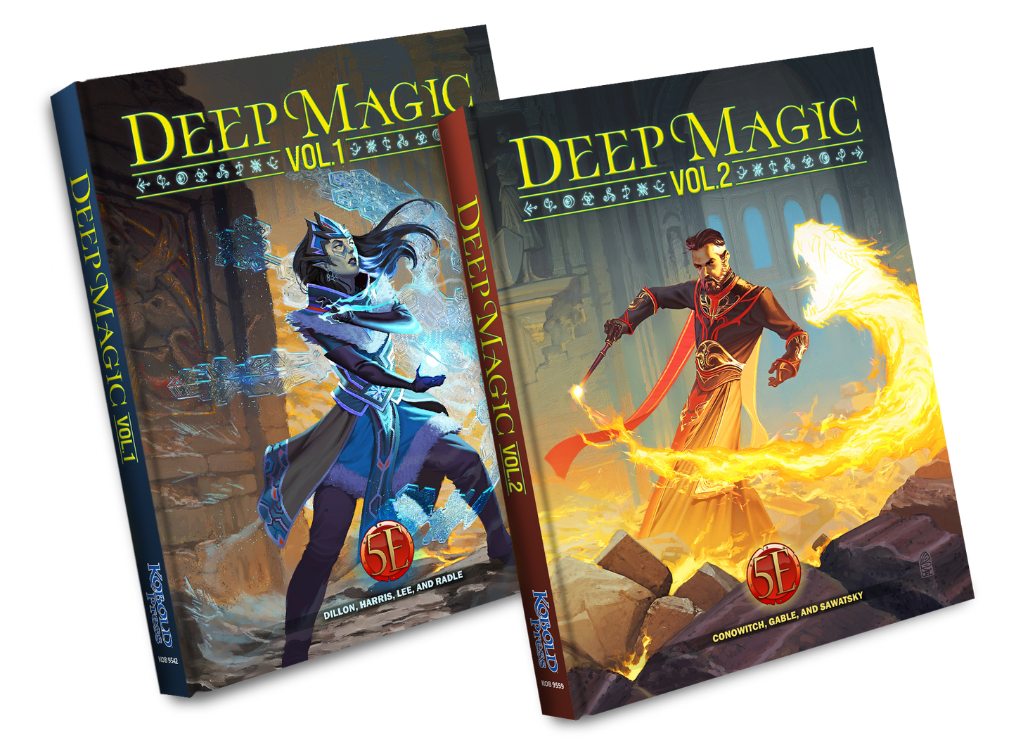Two Deep Magic sourcebooks, Volume 1 features a female spellcaster with ice magic, and Volume 2 shows a male spellcaster with fire magic
