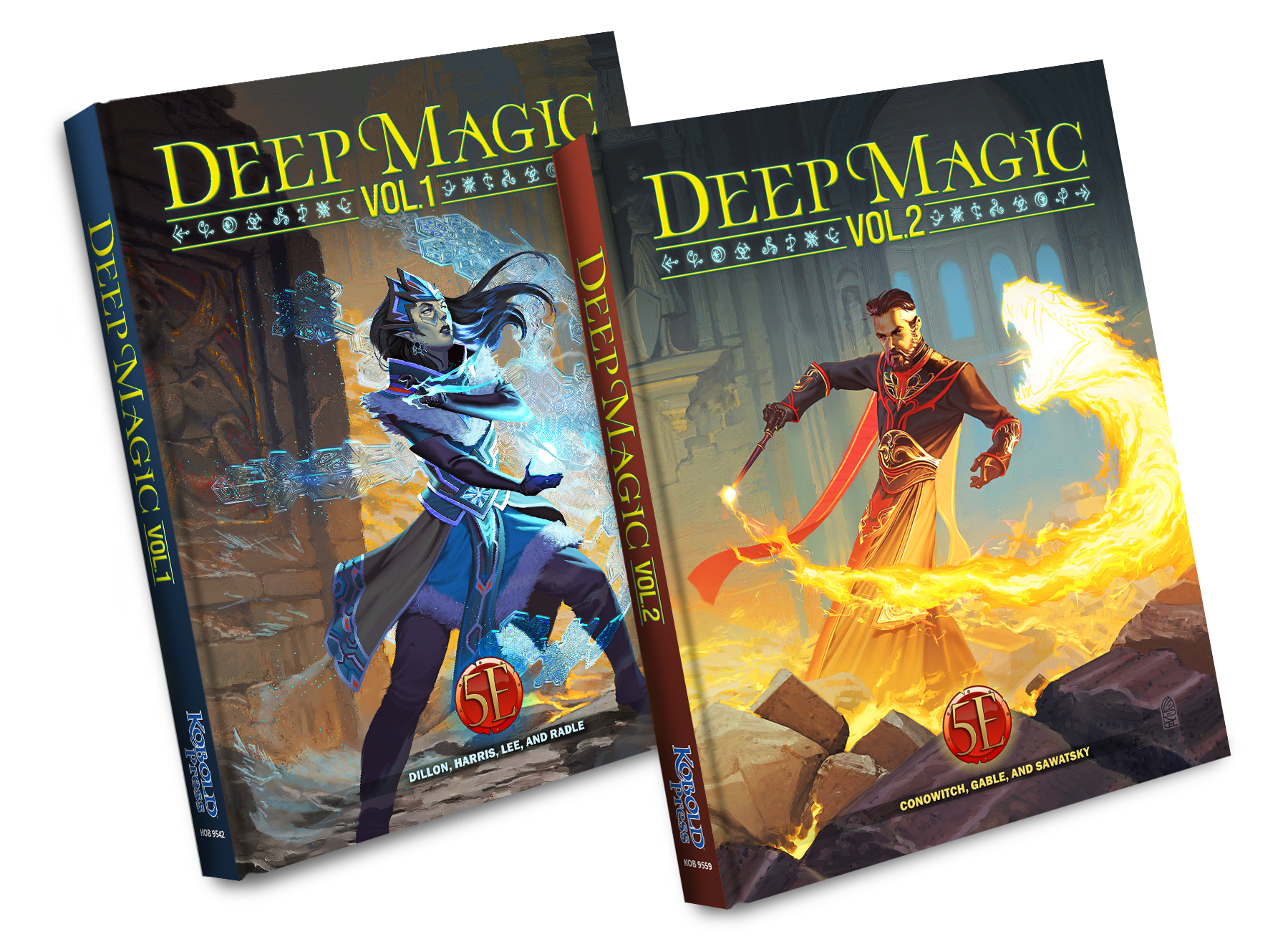 Two Deep Magic sourcebooks, Volume 1 features a female spellcaster with ice magic, and Volume 2 shows a male spellcaster with fire magic