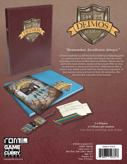 Deimos Academy horror game components: a red rulebook, open blue colouring book with art, coloured pencils, and memory sheets.