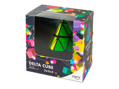 A green, tetrahedron-shaped rotating puzzle (Delta Cube) displayed in a colorful retail box with a window