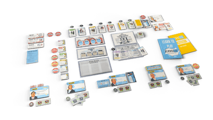 Overhead view of the Derrocar board game components spread across a green surface including rulebooks cards tokens and board pieces
