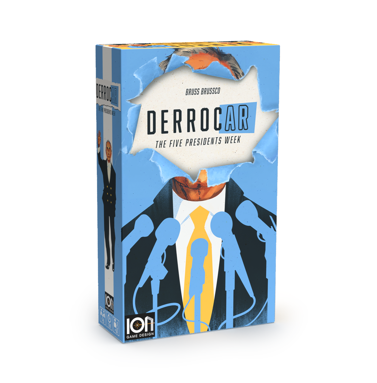 Board game box for Derrocar The Five Presidents Week featuring a figure at microphones and torn paper design