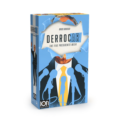 Board game box for Derrocar The Five Presidents Week featuring a figure at microphones and torn paper design