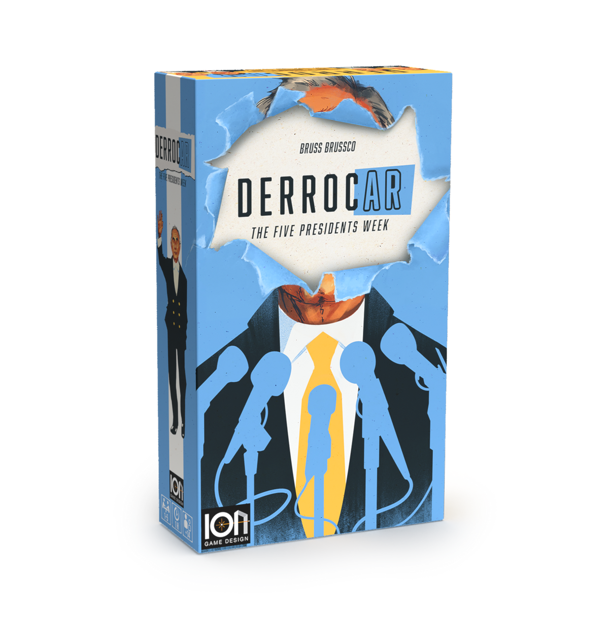 Board game box for Derrocar The Five Presidents Week featuring a figure at microphones and torn paper design