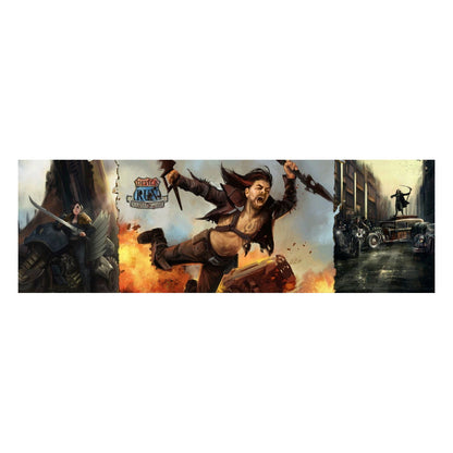 Devil's Run RPG: An enraged man leaps from fire with dual blades -  flanked by a biker and a scythe-wielding figure on a car