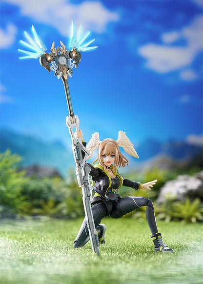 Anime-style female figure with white head wings, in a black and yellow suit, kneels on grass, holding a glowing staff. Blue sky background