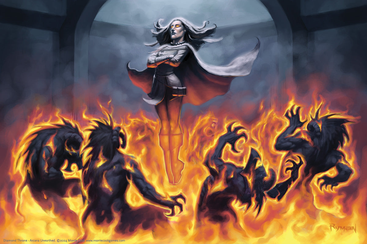 A white-haired woman with glowing eyes levitates above flames consuming four dark, horned creatures