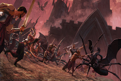 Fantasy battle: Warriors clash with winged spider monsters near a dark fortress under a red sky