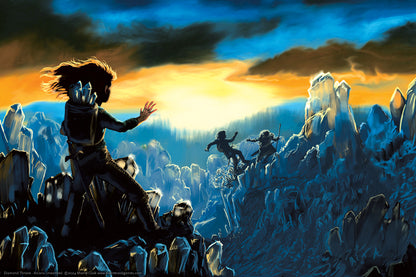 An archer reaches out as a figure falls from jagged crystal formations under a glowing, dramatic sky