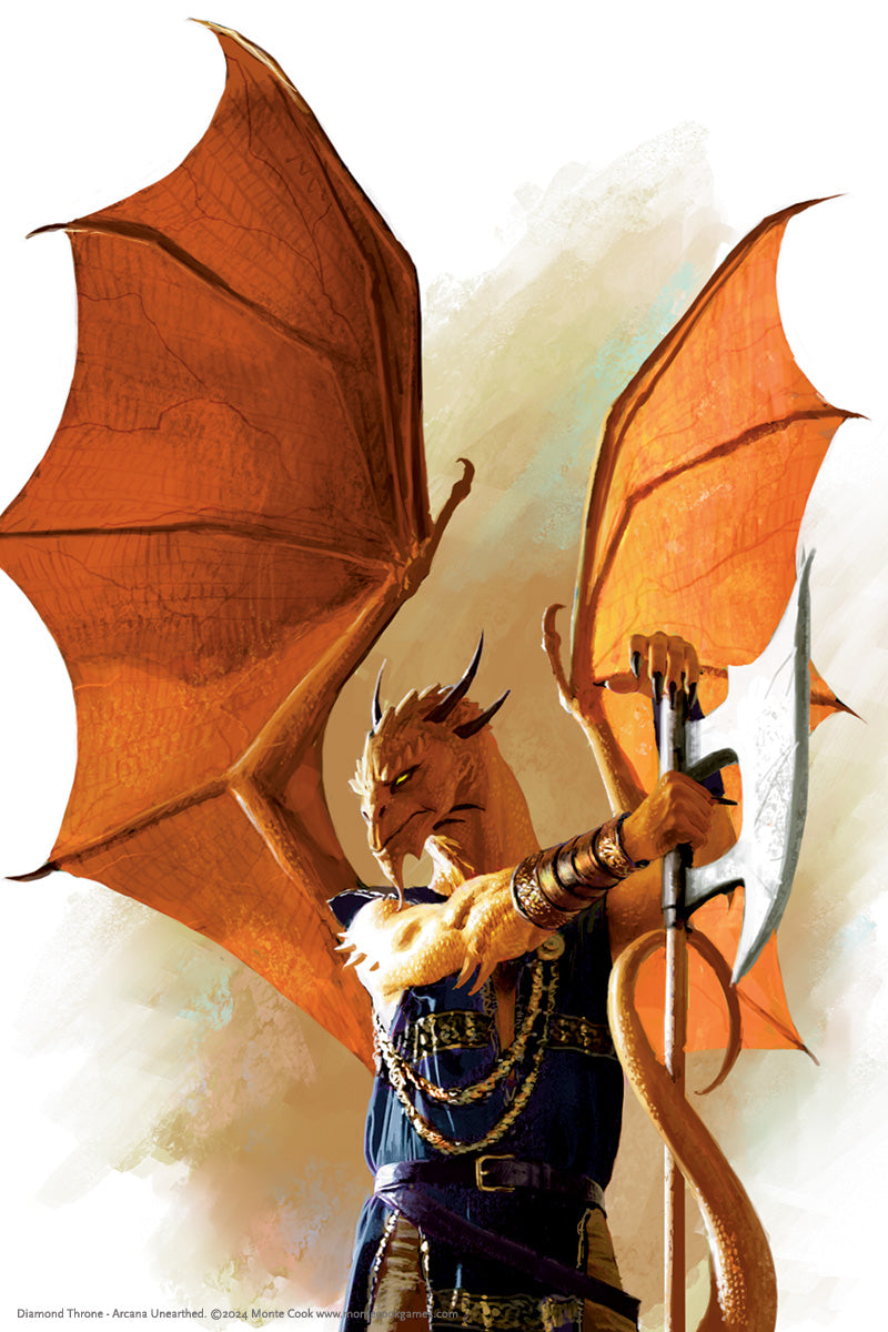 Orange-scaled dragonborn warrior with large leathery wings wields a silver battleaxe, wearing a blue tunic and gold chains