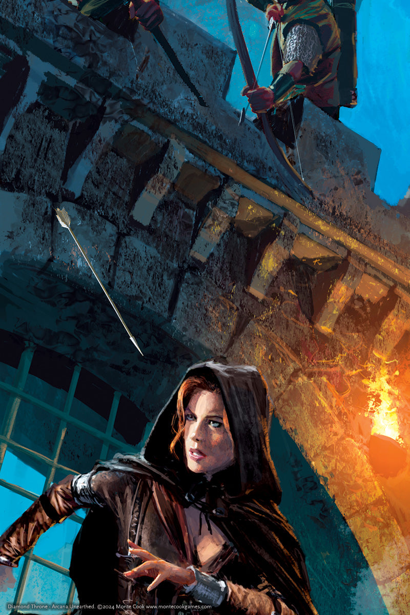 A hooded woman looks up as an arrow flies down from an archer on a stone wall above