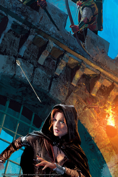 A hooded woman looks up as an arrow flies down from an archer on a stone wall above