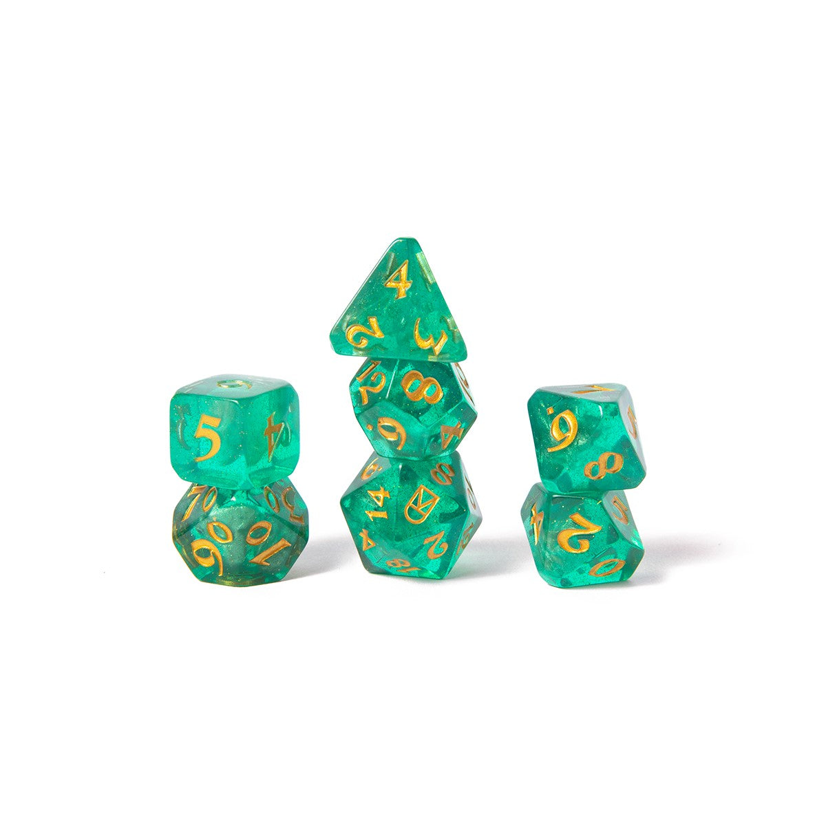 Three stacks of translucent green polyhedral dice with gold numbers