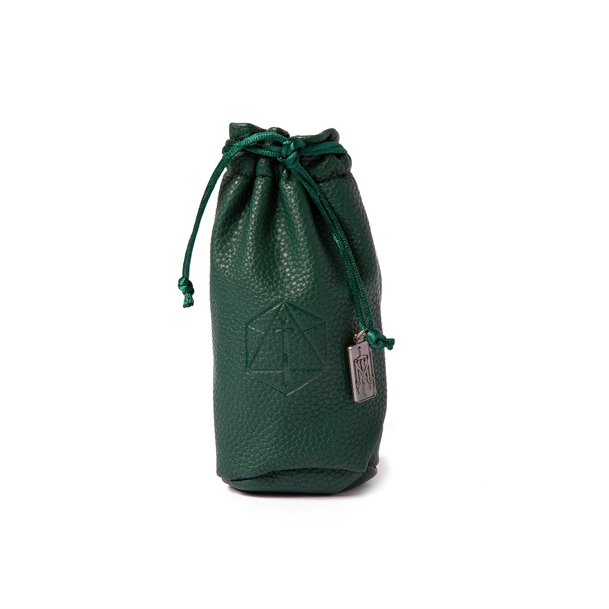 A dark green pebbled leather drawstring dice bag with an embossed d20 symbol and a silver logo charm