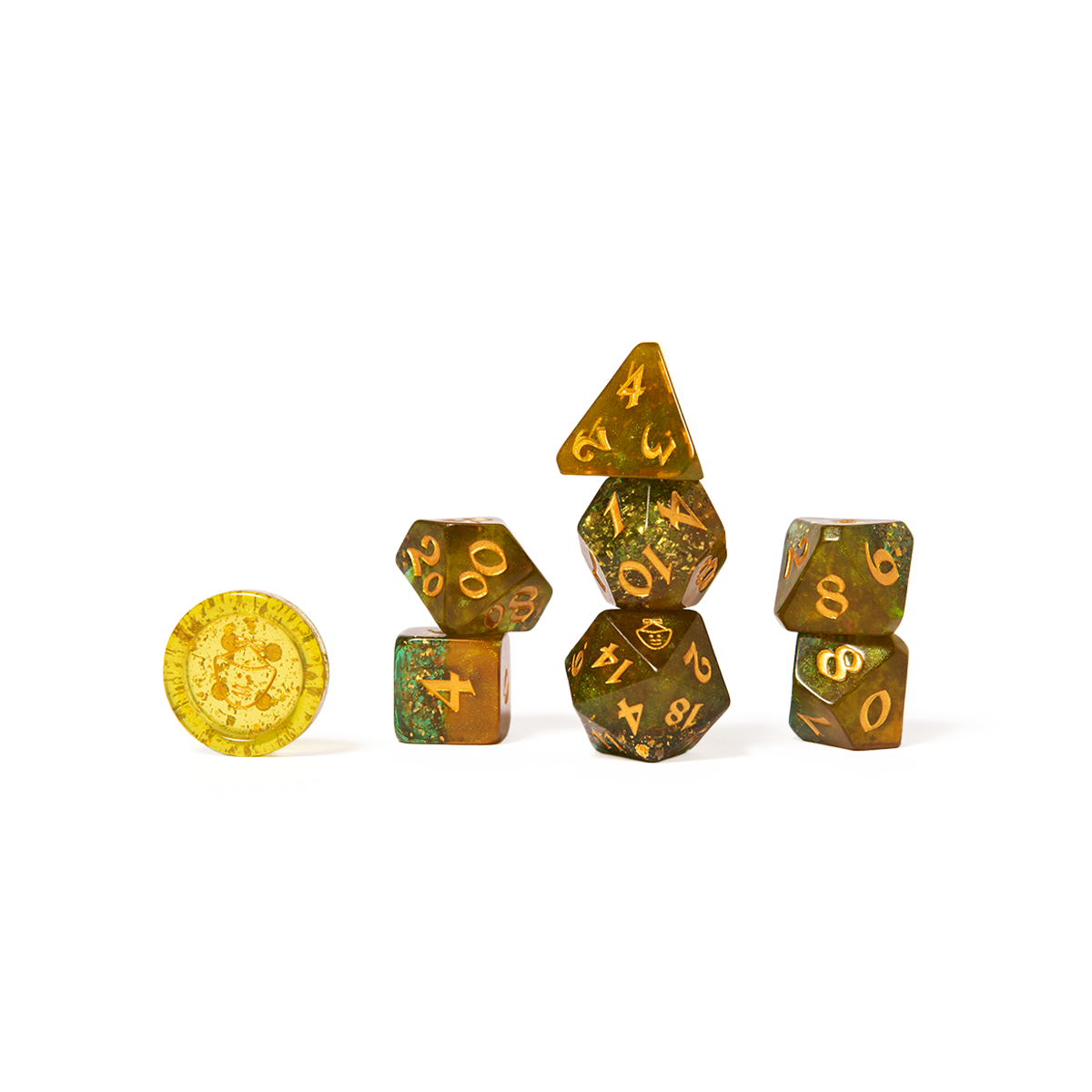 Green and gold polyhedral dice are stacked, with a gold coin on the left