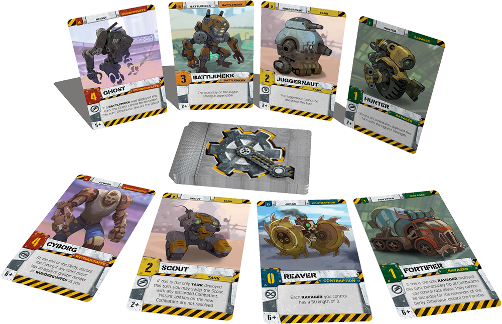Diesel Demolition Derby cards laid out showing bot illustrations