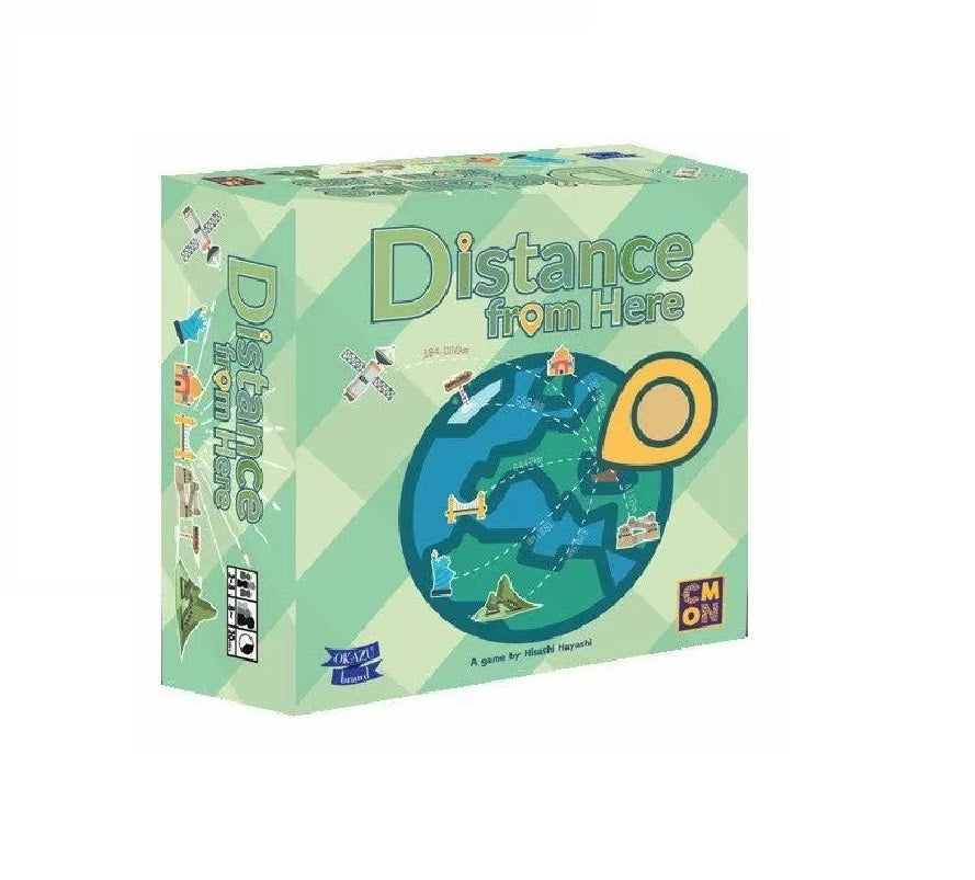 Distance from Here board game box showing a globe, connected landmarks, and a yellow location pin.