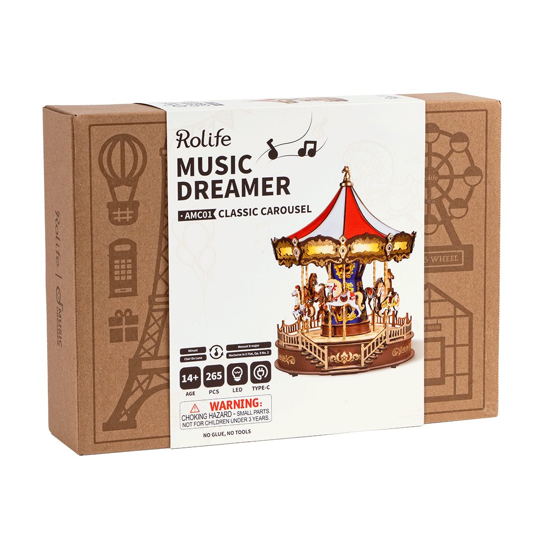 Rolife Music Dreamer Classic Carousel 3D wooden puzzle kit box, displaying the intricate model with horses