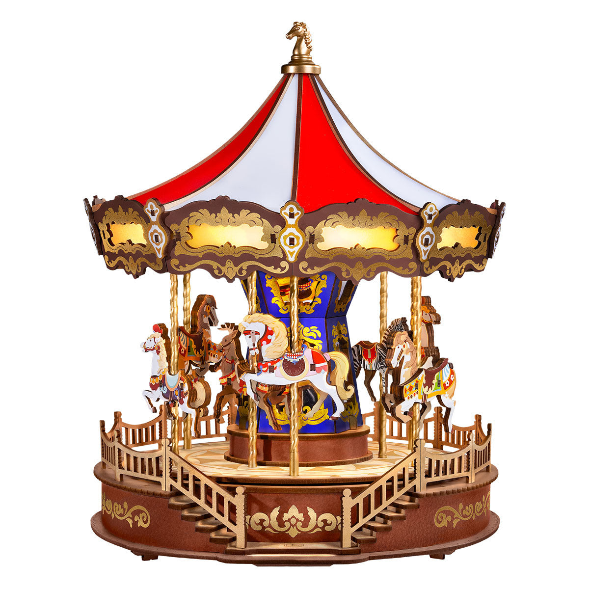 Ornate wooden carousel model with a red and white striped canopy, gold accents, and carved horses