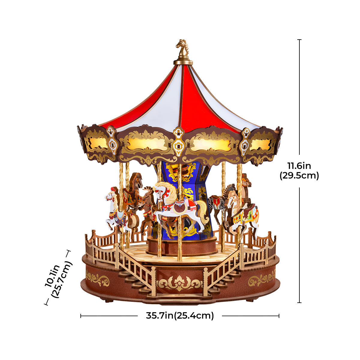 Detailed wooden carousel model with red/white roof, golden trim, multiple horses, and visible dimensions