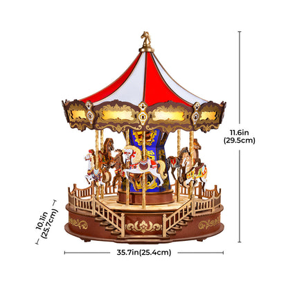 Detailed wooden carousel model with red/white roof, golden trim, multiple horses, and visible dimensions