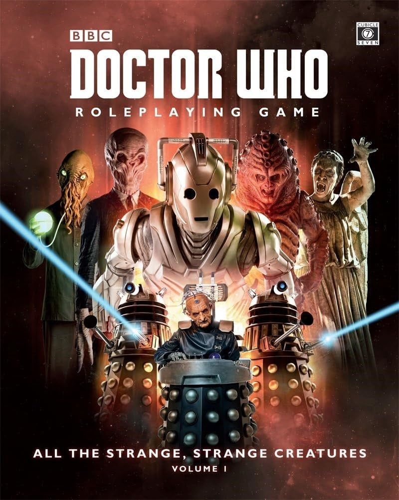 Cover for Doctor Who Roleplaying Game featuring Davros, Daleks, a Cyberman, Ood, and a Weeping Angel among other aliens.