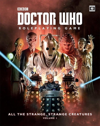 Cover for Doctor Who Roleplaying Game featuring Davros, Daleks, a Cyberman, Ood, and a Weeping Angel among other aliens.