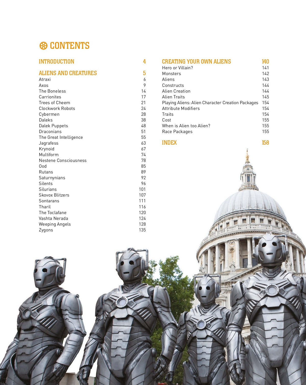 Book page with contents; three metallic Cybermen figures stand outside St. Paul&#39;s Cathedral.
