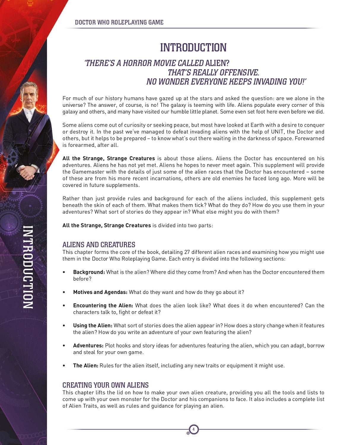 The Twelfth Doctor (Peter Capaldi) looking serious, hands clasped, on a Doctor Who RPG introduction page.