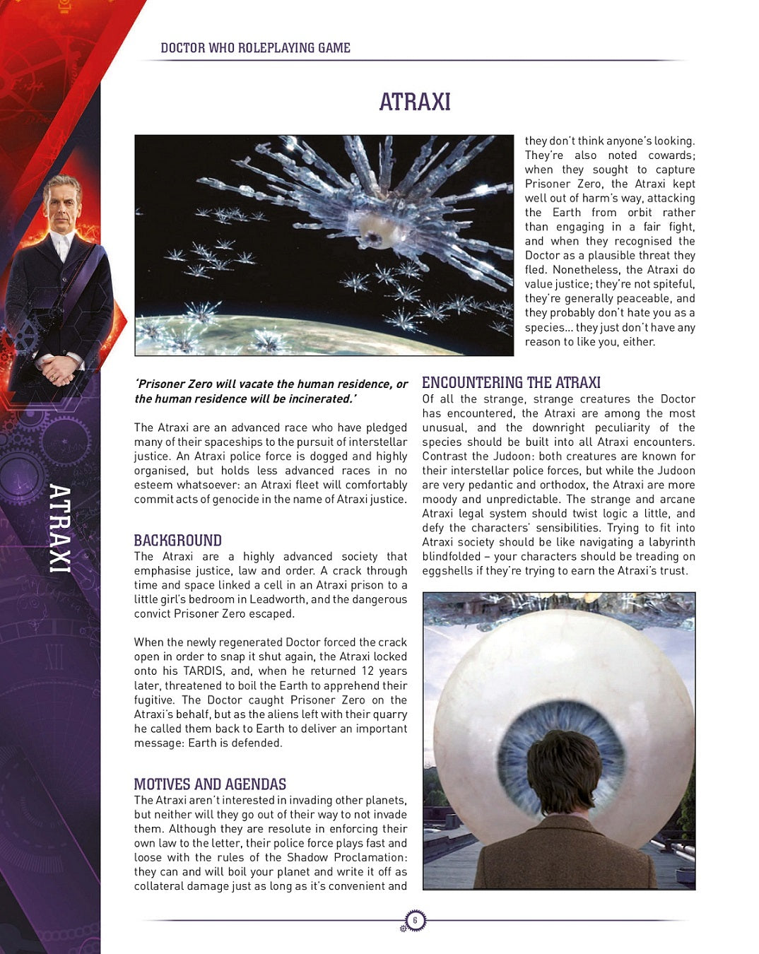 Doctor Who RPG: Spiky Atraxi alien ship in orbit; a man gazes at a giant floating eye. Peter Capaldi is on the left.