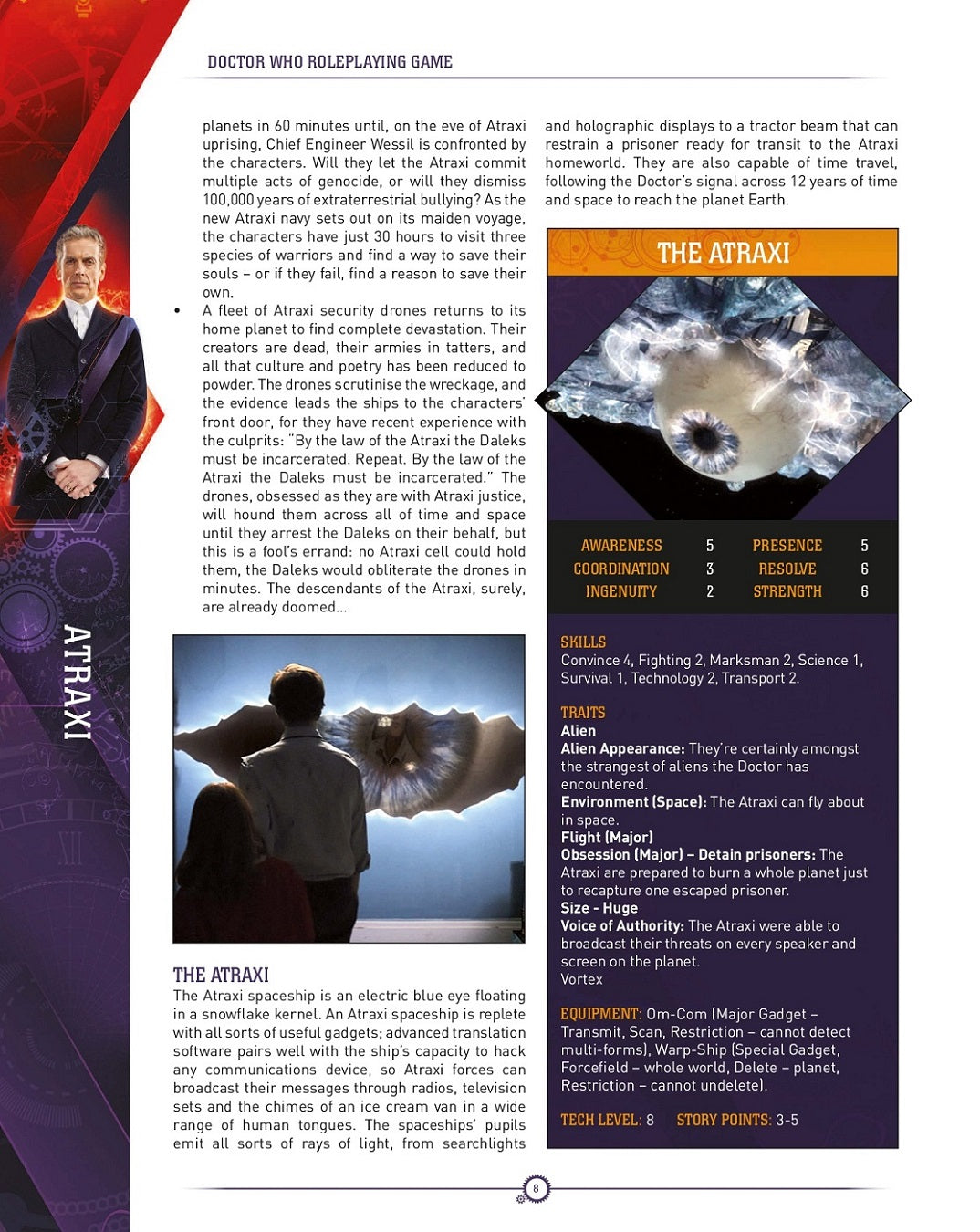 Two people from behind view a massive, glowing, blue eye-like Ataxi spaceship against a bright sky.