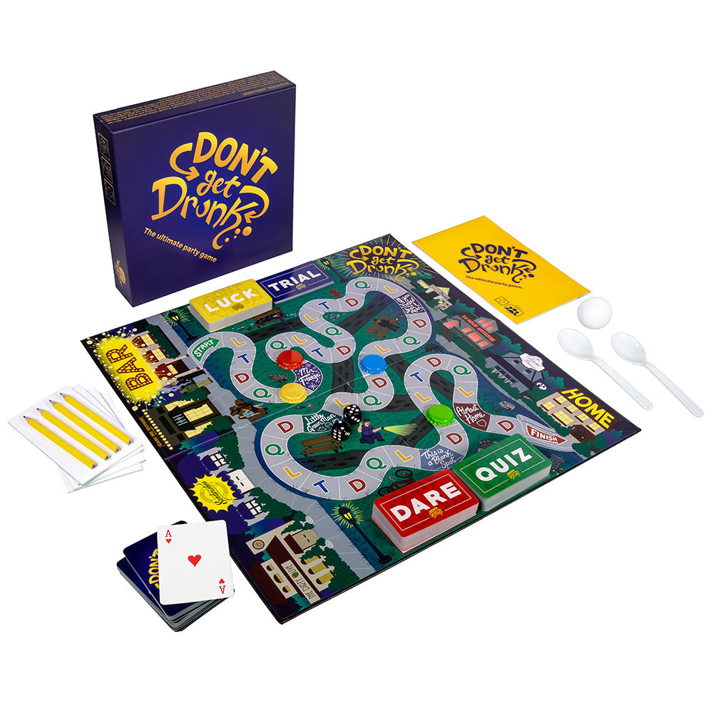 Close-up of Don&#39;t Get Drunk game box and cards