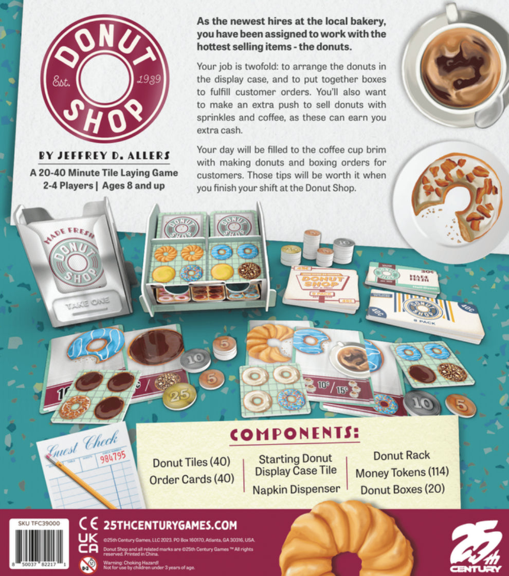 Donut Shop by Jeffrey D Allers board game components including donut tiles order cards money tokens and display cases for 2-4 players ages 8 and up