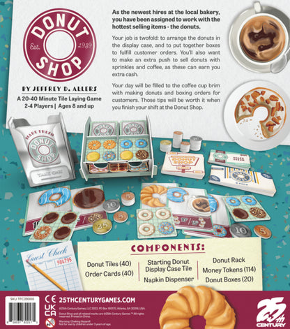 Donut Shop by Jeffrey D Allers board game components including donut tiles order cards money tokens and display cases for 2-4 players ages 8 and up